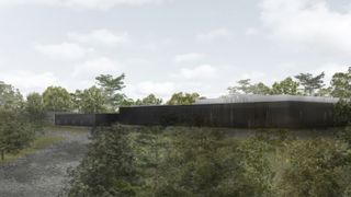 Artists impression of the new UK national supercomputer at the University of Edinburgh, with supercomputing hub surrounded by trees and shrubbery.