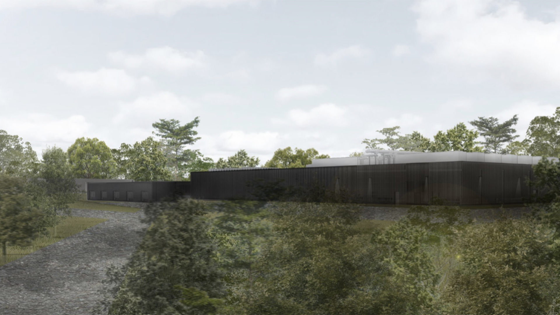 Artists impression of the new UK national supercomputer at the University of Edinburgh, with supercomputing hub surrounded by trees and shrubbery.