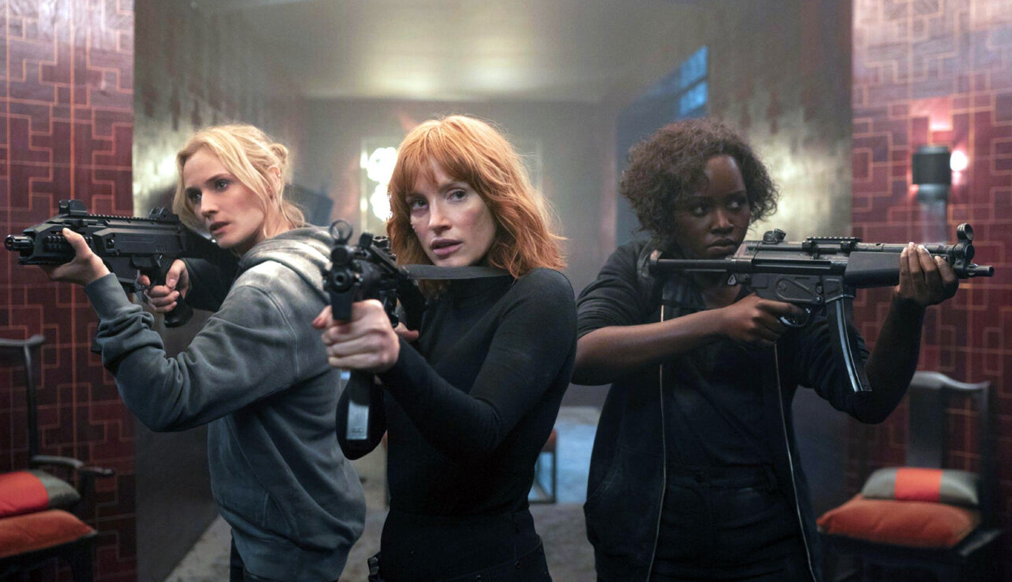 (From L to R) Diane Kruger as Marie, Jessica Chastain as Mace, and Lupita Nyong'o as Khadijah in The 355. 