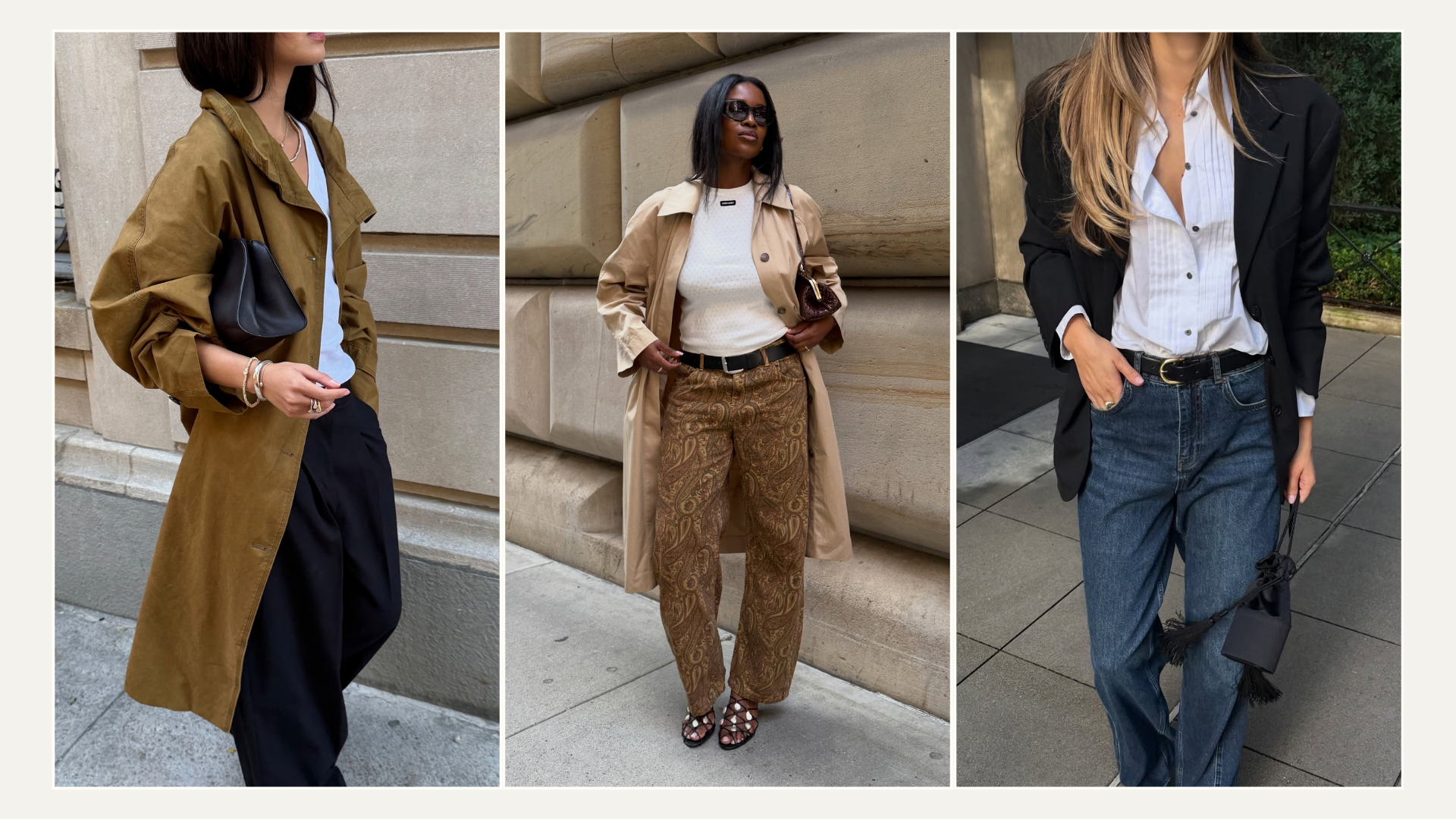 Three influencers in New York wearing autumn trends, including stacked jewellery, printed trousers and tuxedo shirts