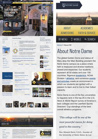 On larger screen sizes, the University of Notre Dame's main navigation anchor links to content further down the homepage, like the