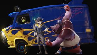 Sly Cooper Murray flexes while Sly and Bentley watch on in the Sly Cooper trailer.