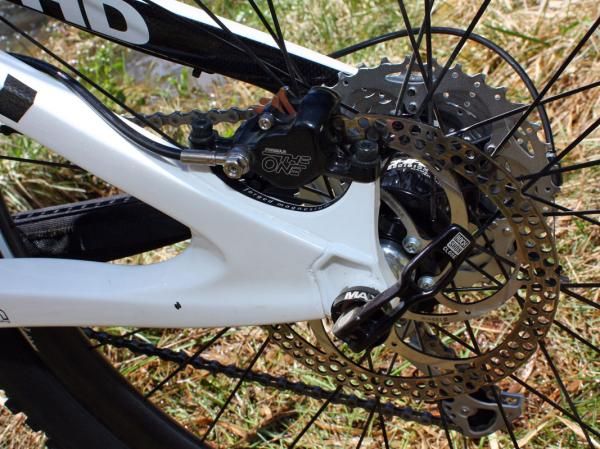 The forged magnesium non-driveside dropout includes post mount disc brake tabs. The RockShox Maxle through-axle bolsters the rear end and yet is very easy to use