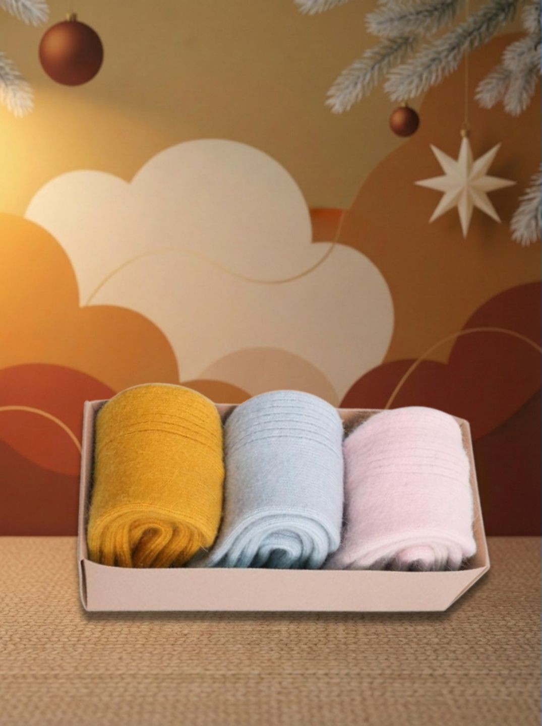 Three pack of mustard, light blue and baby pink cashmere socks on brown patterned Christmas background