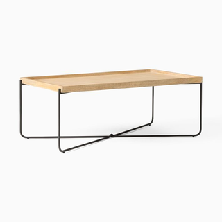 rectangular coffee table with wiry legs and wooden top