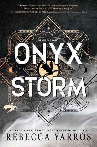 onyx storm fourth wing book cover featuring a grey backdrop and a symbol of dragons