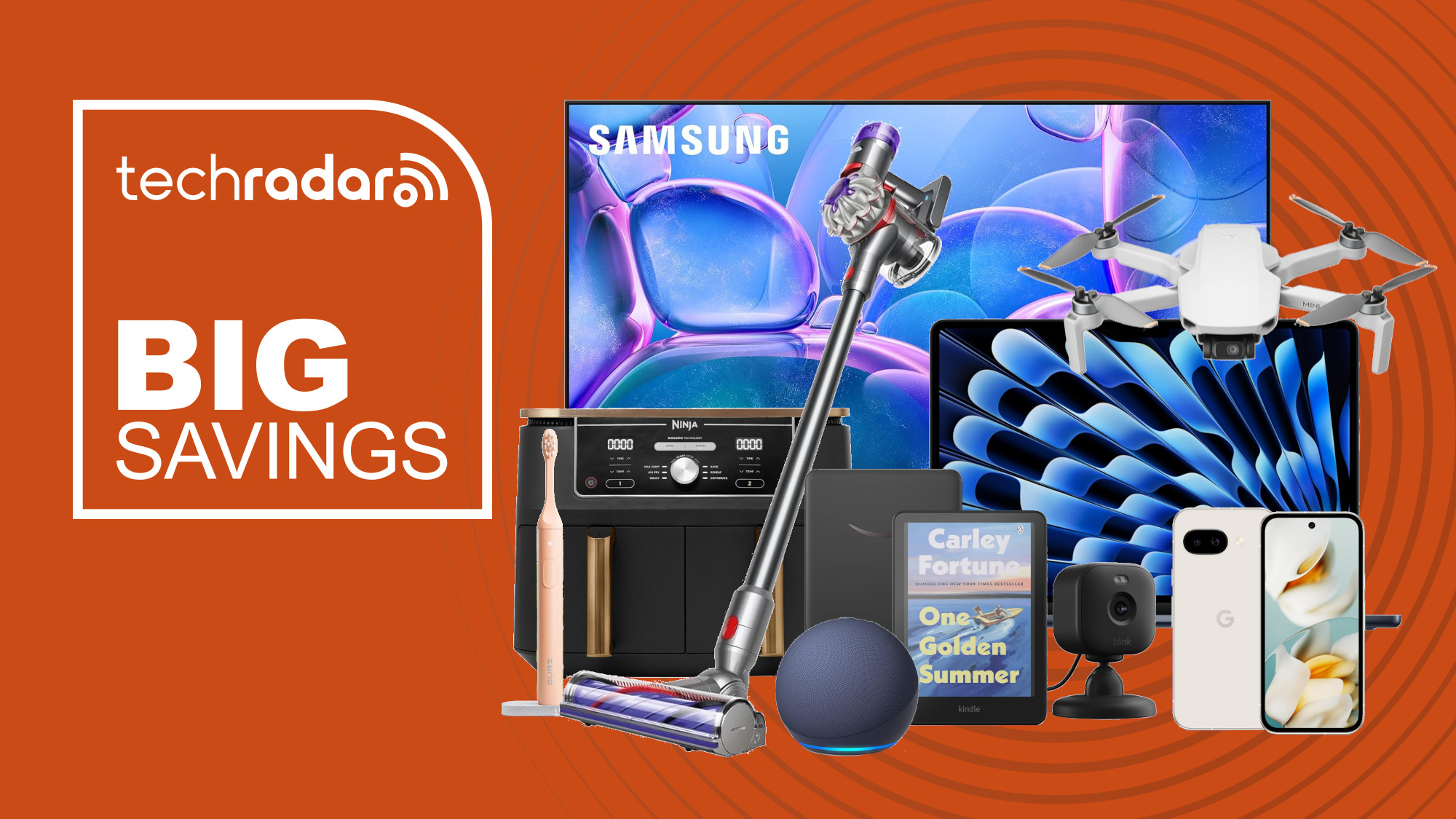 Collage of tech from the Amazon UK bank holiday sale, including a Samsung TV, MacBook Air, Dyson vacuum, Ninja air fryer, DJI drone, Kindle Colorsoft, Pixel phone and Suri electric toothbrush