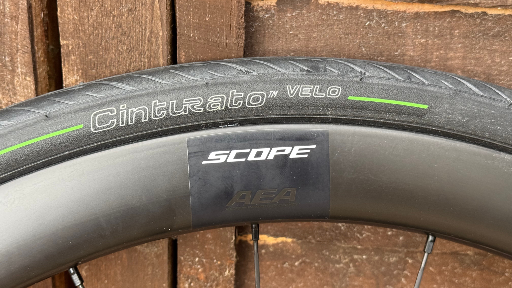Close-up of the Pirelli Cinturato Velo tyre fitted to a carbon wheel