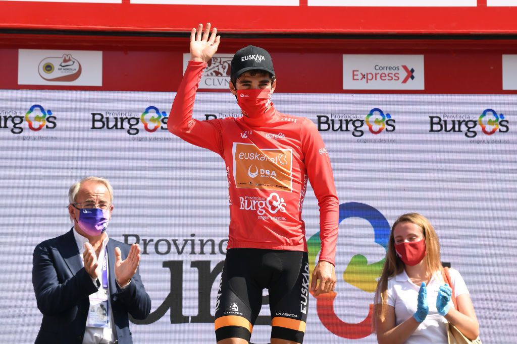 VILLADIEGO SPAIN JULY 29 Podium Gotzon Martin Sanz of Spain and Team EuskaltelEuskadi Red Mountain Jersey Celebration Hostess Miss during the 42nd Vuelta a Burgos 2020 Stage 2 a 168km stage from Castrojeriz to Villadiego VueltaBurgos on July 29 2020 in Villadiego Spain Photo by David RamosGetty Images