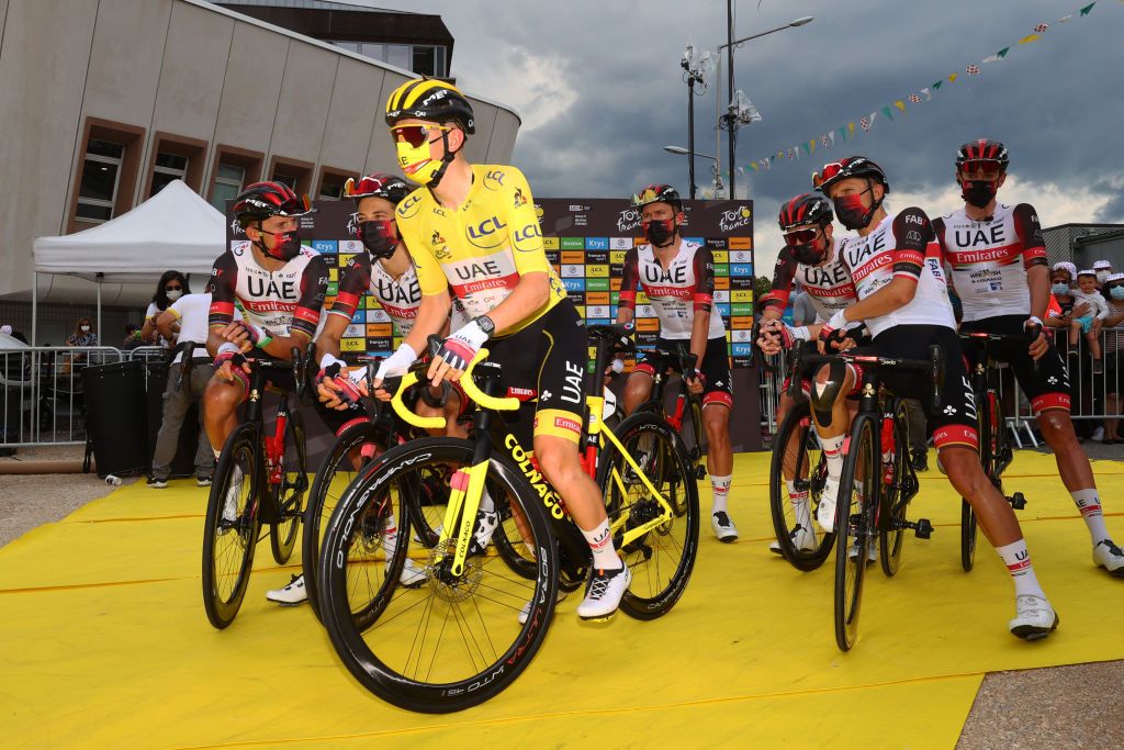 VALENCE FRANCE JULY 06 Tadej Pogaar of Slovenia and UAETeam Emirates yellow leader jersey and teammates at start during the 108th Tour de France 2021 Stage 10 a 1907km stage from Albertville to Valence LeTour TDF2021 on July 06 2021 in Valence France Photo by Michael SteeleGetty Images