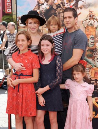 Molly Ringwald, husband Panio Gianopoulos, daughters Mathilda Gianopoulos and Adele Gianopoulos and son Roman Gianopoulos attend the premiere of 'The Boxtrolls' at Universal CityWalk on September 21, 2014 in Universal City, California.