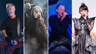 A collage of Metallica, Sleep Token, Iron Maiden and Babmetal performing onstage