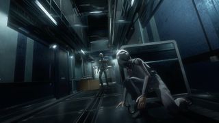 Protagonist Hope hides behind a box while an enemy tries to find her in Republique VR