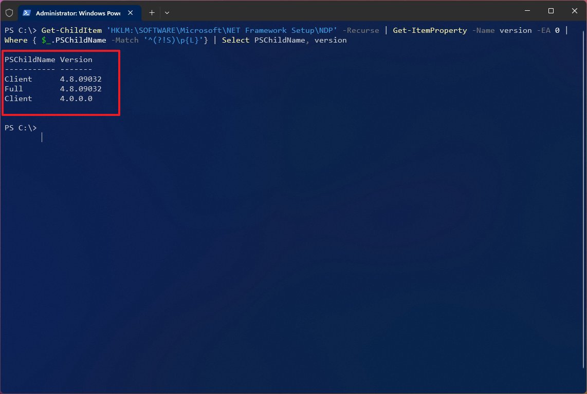 PowerShell check version of .NET command