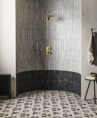 a curved tiled shower