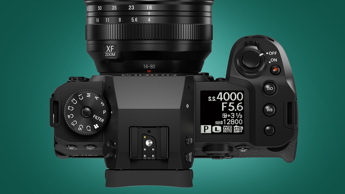 The Fujifilm X-H2S on a green background