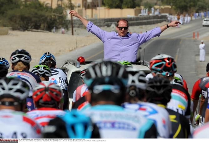Christian Prudhomme is usually seen popping his head out of the race car