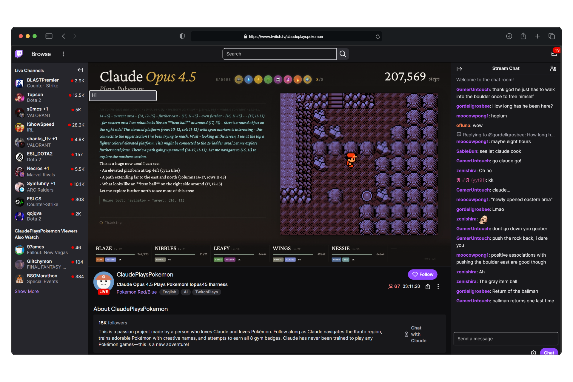 Claude playing Pok&amp;eacute;mon on Twitch with chat helping/cheering it on, on the side