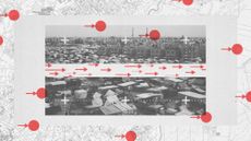 Photo composite of tents in Rafah, a map of Gaza and arrows