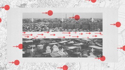 Photo composite of tents in Rafah, a map of Gaza and arrows