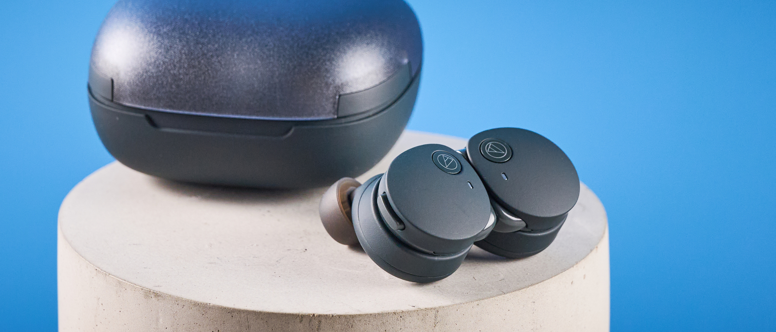 Audio-Technica ATH-CKS50TW2 in black colorway photographed ona blue background