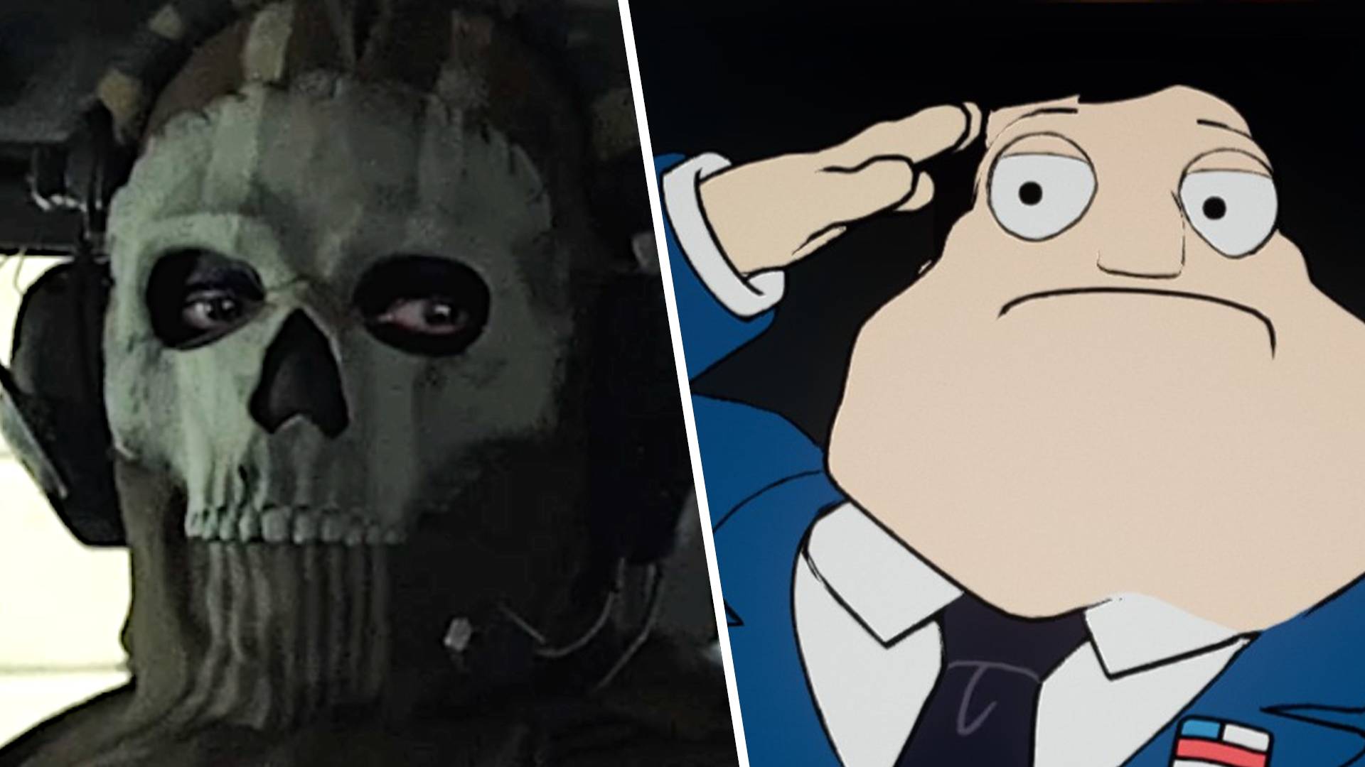 Call of Duty's Ghost looking tired and dejected in split frame with Stan American Dad CoD skin saluting