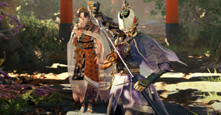 An image of a masked warrior drawing a katana in ornate dress. Behind them stands a veiled woman in beautiful clothes. They are standing in a vibrant forest. 