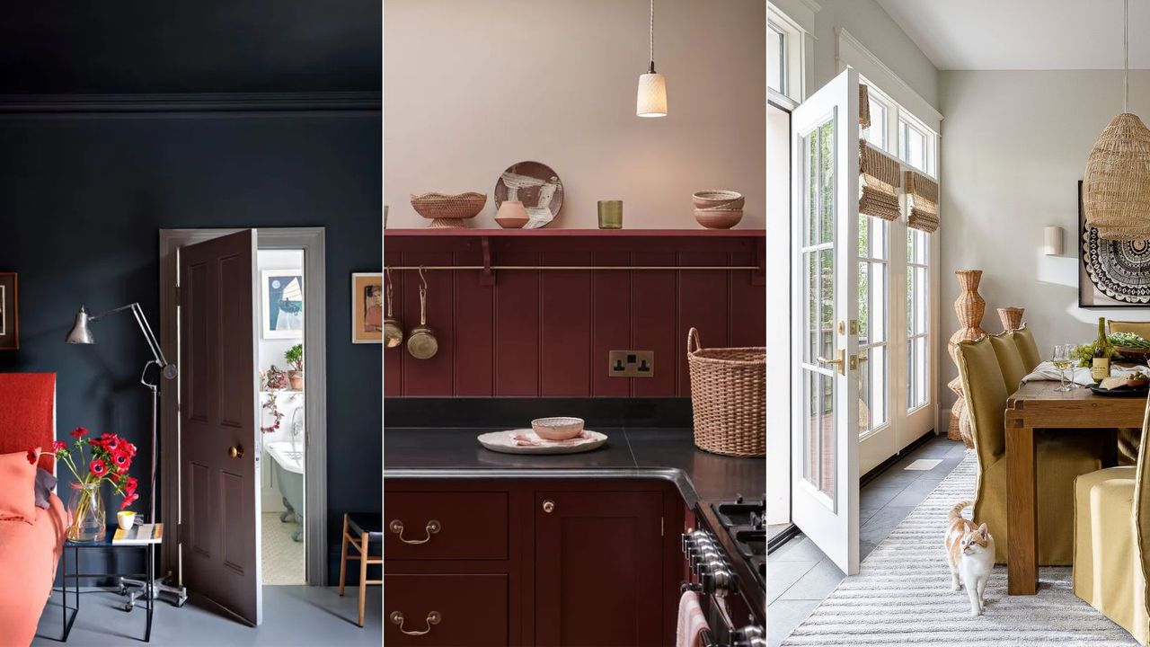 bedroom with charcoal walls, burgundy kitchen, neutral dining room