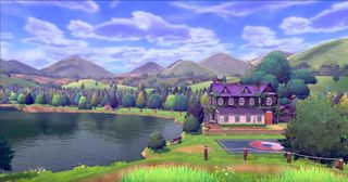 Pokémon Sword and Shield Galar building next to lake