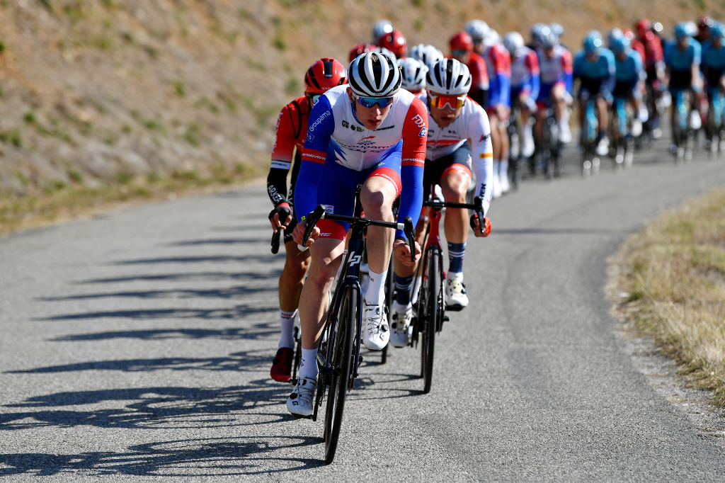 MONTAGNE FRANCE FEBRUARY 13 Lewis Askey of United Kingdom and Team Groupama FDJ leads the peloton during the 6th Tour de La Provence 2022 Stage 3 a 1806km stage from Manosque to Montagne de Lure 1567m TDLP22 on February 13 2022 in Montagne France Photo by Luc ClaessenGetty Images