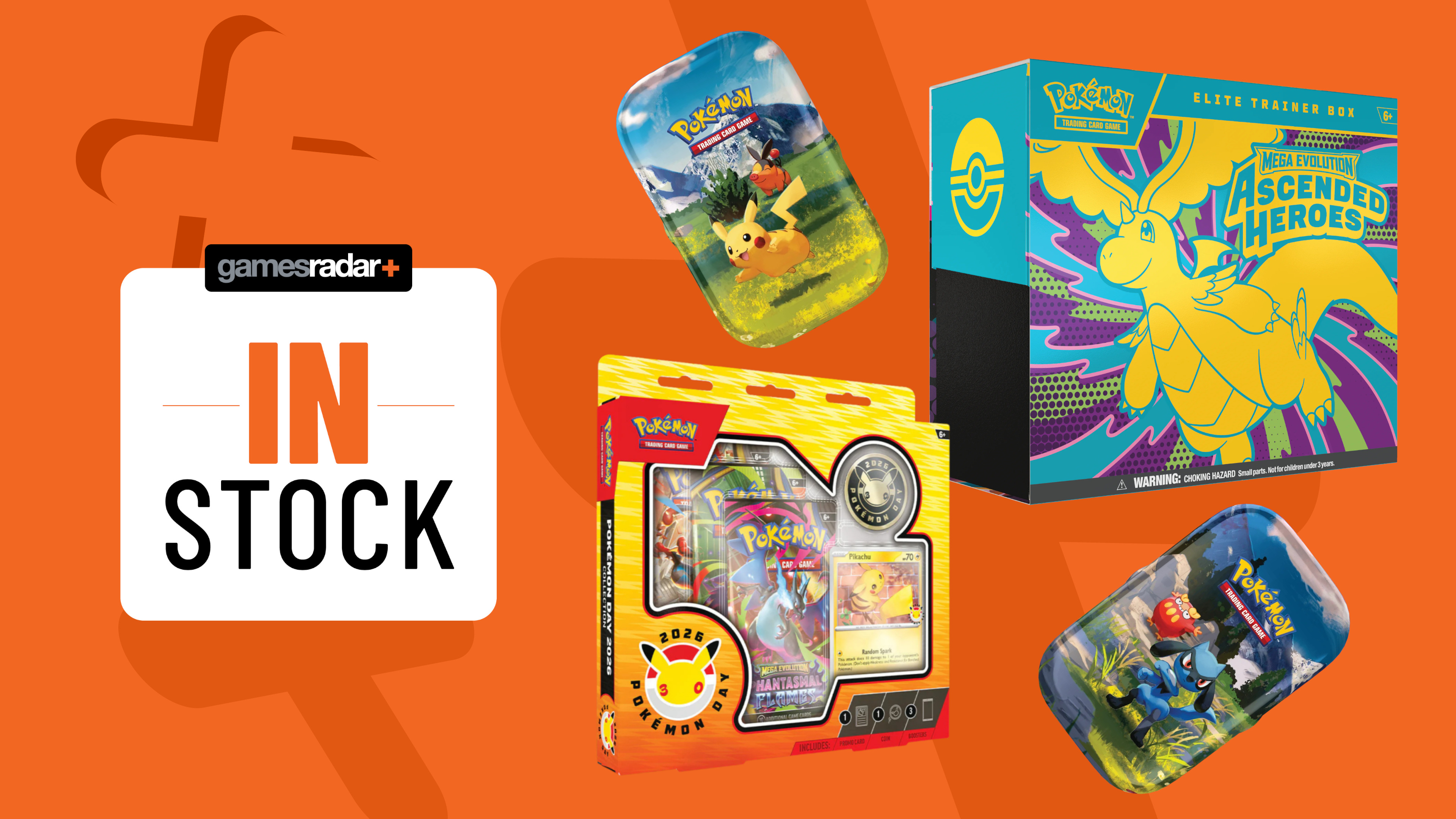 Pokemon booster collections and tins on an orange background with 'in stock' badge