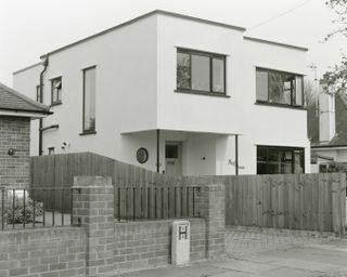 frinton park estate book image showing white modernist villa in black and white