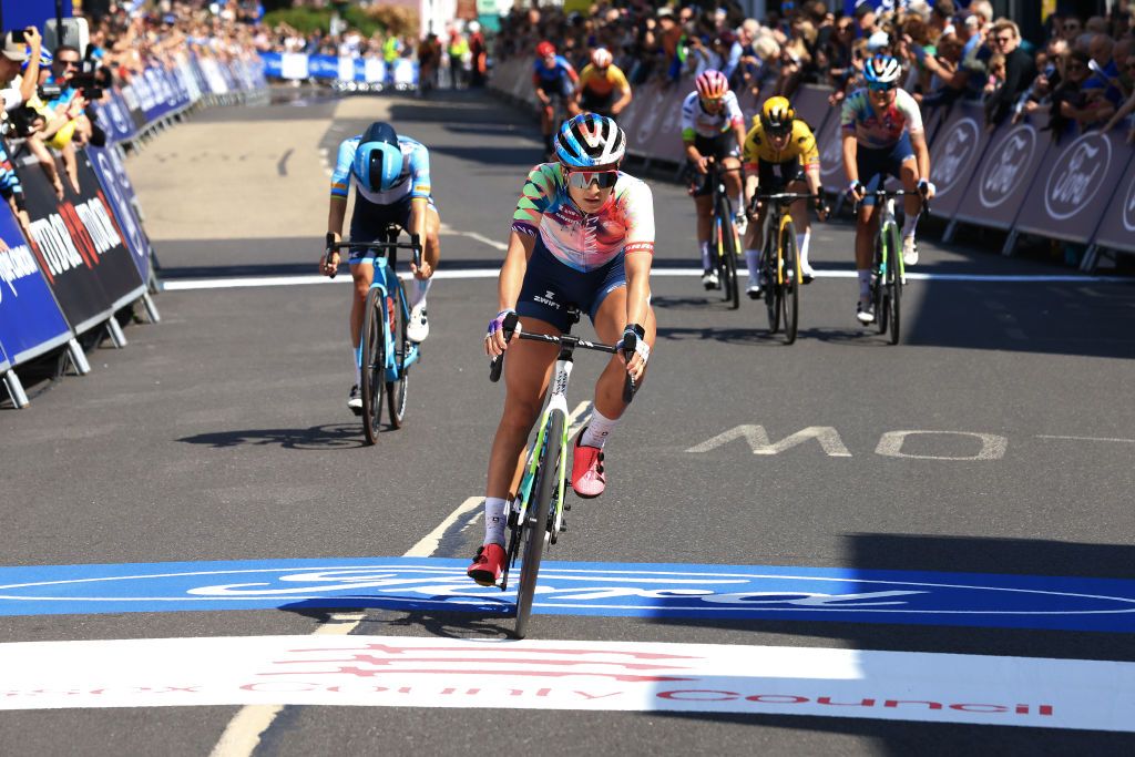 MALDON ENGLAND MAY 27 Chloe Dygert of The United States and Team CanyonSRAM Racing sprint at finish line to win the 6th RideLondon Classique 2023 Stage 2 a 1331km stage from Maldon to Maldon UCIWWT on May 27 2023 in Maldon England Photo by Stephen PondGetty Images