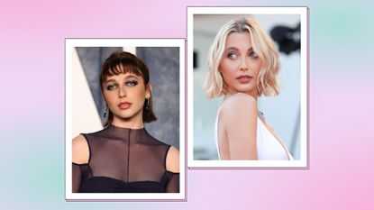 Emma Chamberlain hair: Emma pictured with short brunette hair and a fringe and with short blonde, wavy hair/ in a pink, purple and green two-picture template