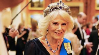 Camilla, Queen Consort during a Diplomatic Corps reception at Buckingham Palace on December 6, 2022 in London, England. The last Reception for the Diplomatic Corps was hosted by Queen Elizabeth II at Buckingham Palace in December 2019.