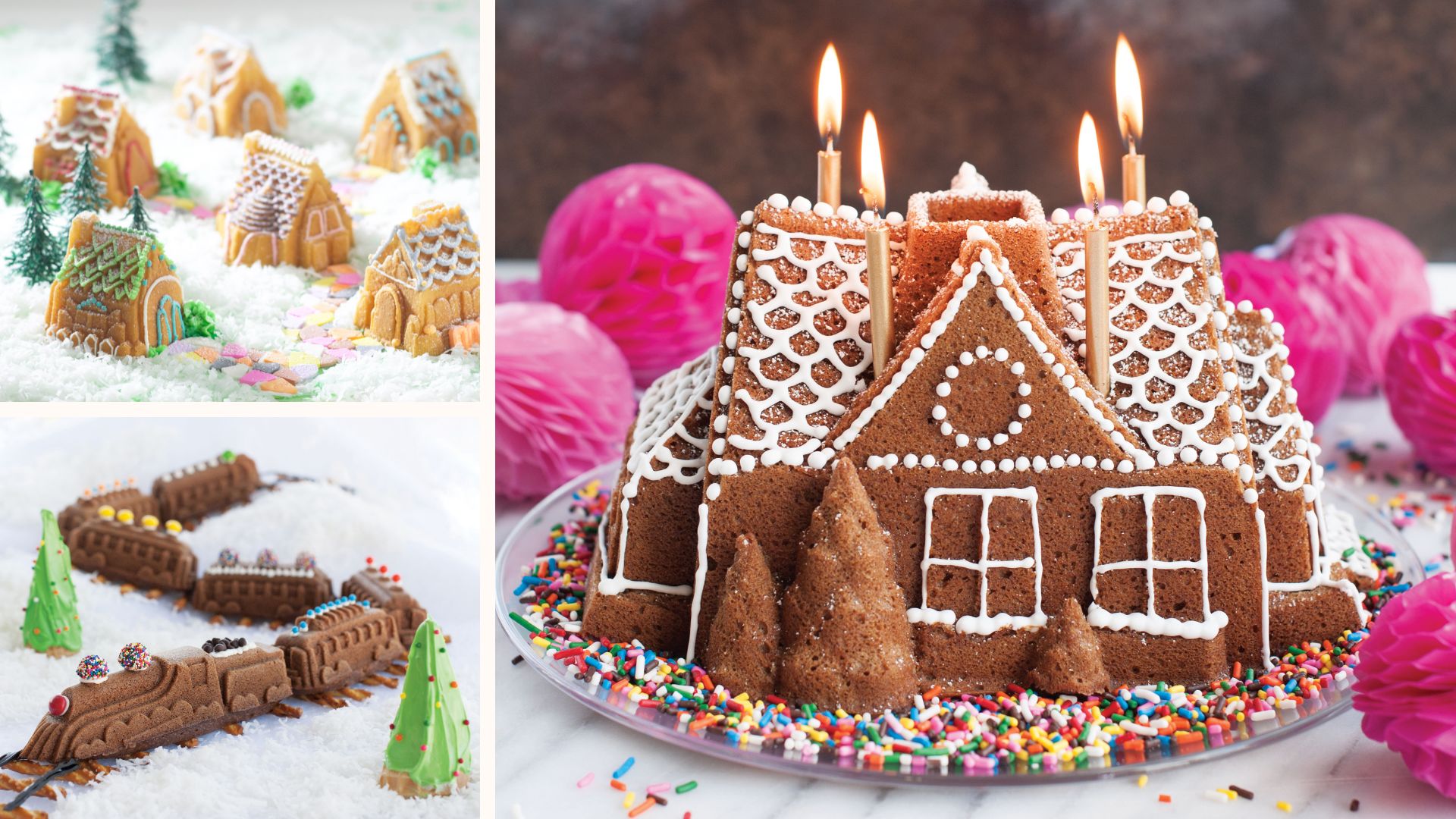 compilation of Christmas bakes made using Christmas cake tins