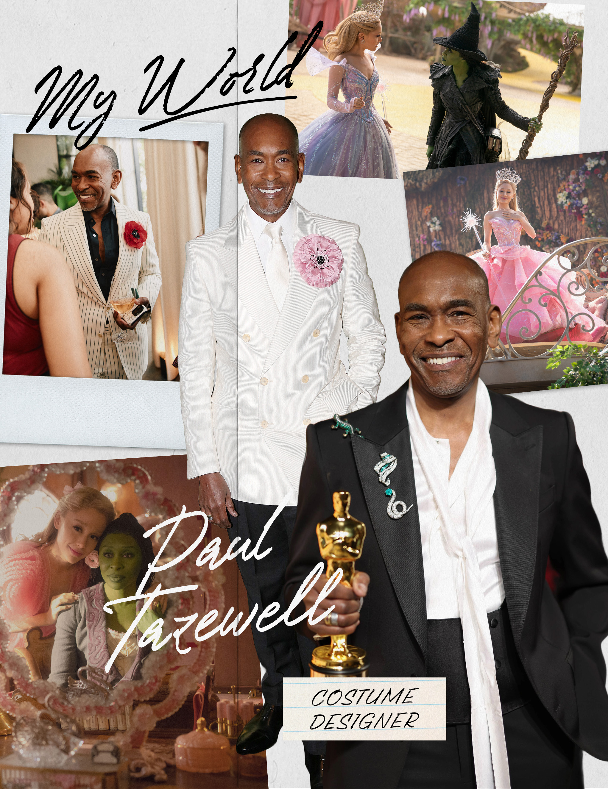 Collage of Paul Tazewell and Ariana Grande and Cynthia Erivo in Wicked costumes.