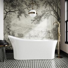bathroom with wallpaper wall with tiles flooring and bathtub