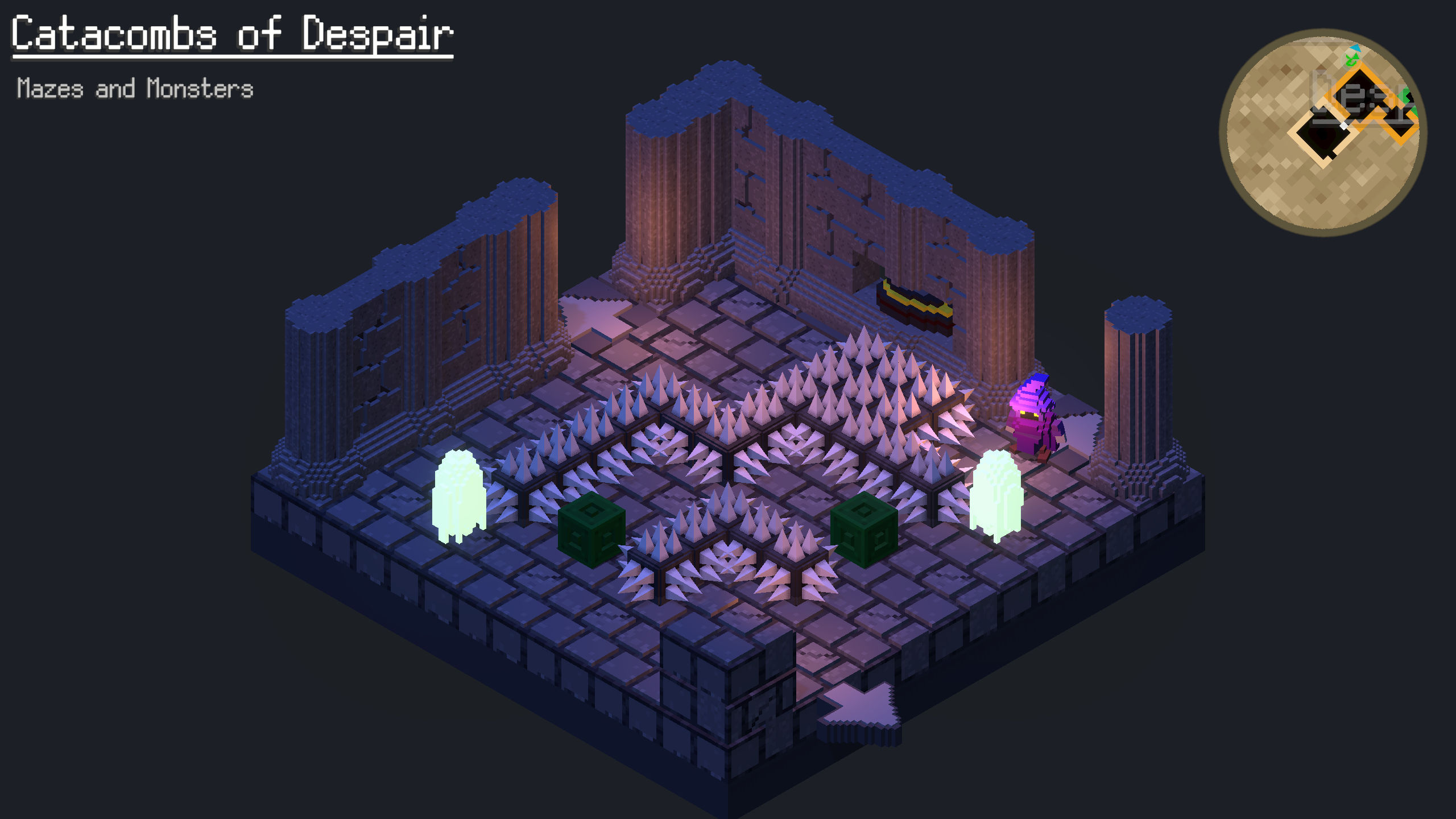 OOLO screenshot showing catacombs of despair and spike traps with ghosts.