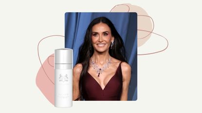 Demi Moore is pictured with her hair in loose curls and wearing a burgundy dress at the 5th Annual Academy Museum Gala at the Academy Museum of Motion Pictures on October 18, 2025, in Los Angeles, California, alongside a product shot of the Parfums de Marly hair mist in the scent Valaya, in a cream template with pink and cream dots and swirly lines.