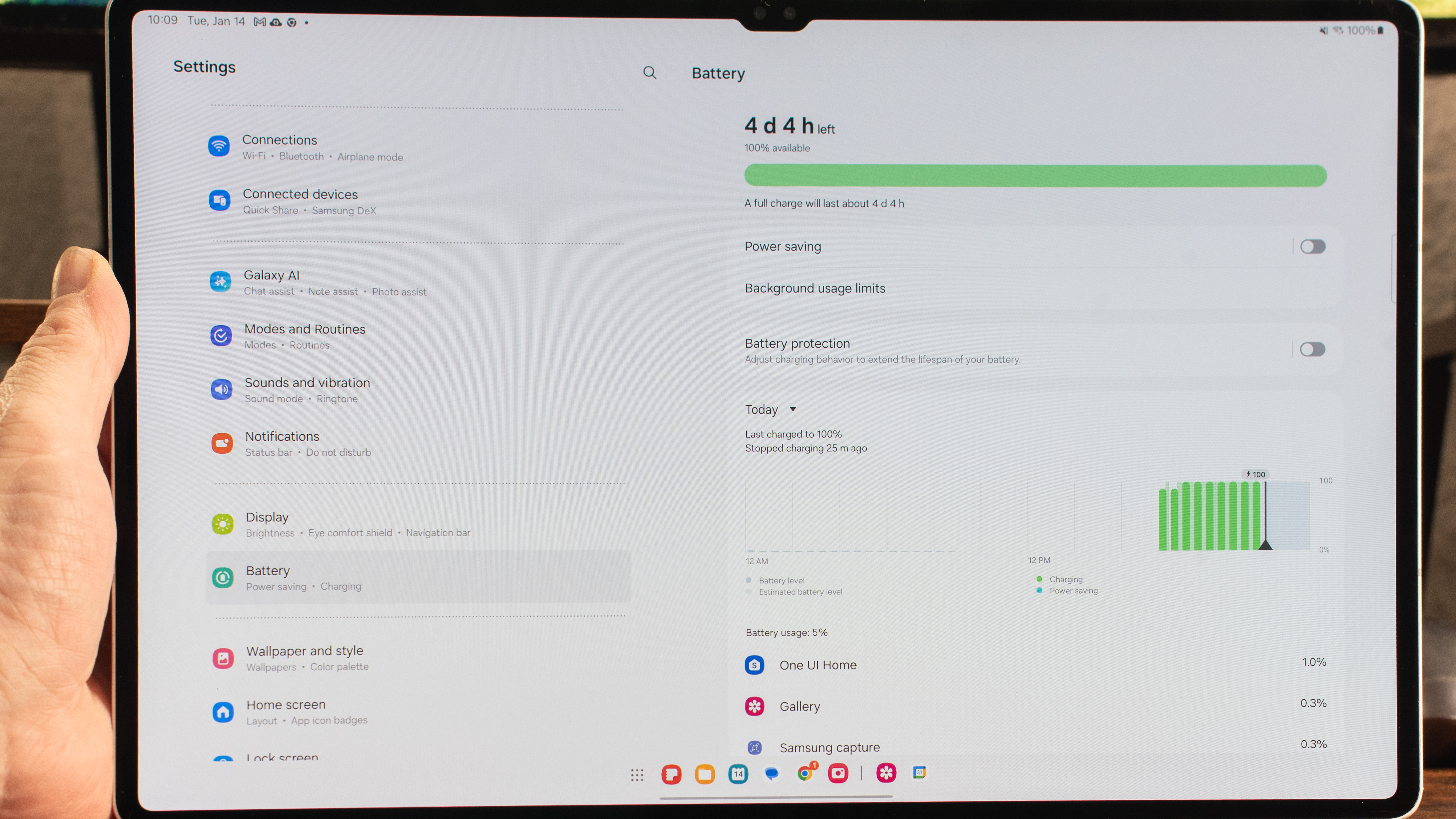 Samsung Galaxy Tab S10 Ultra showing battery Settings panel