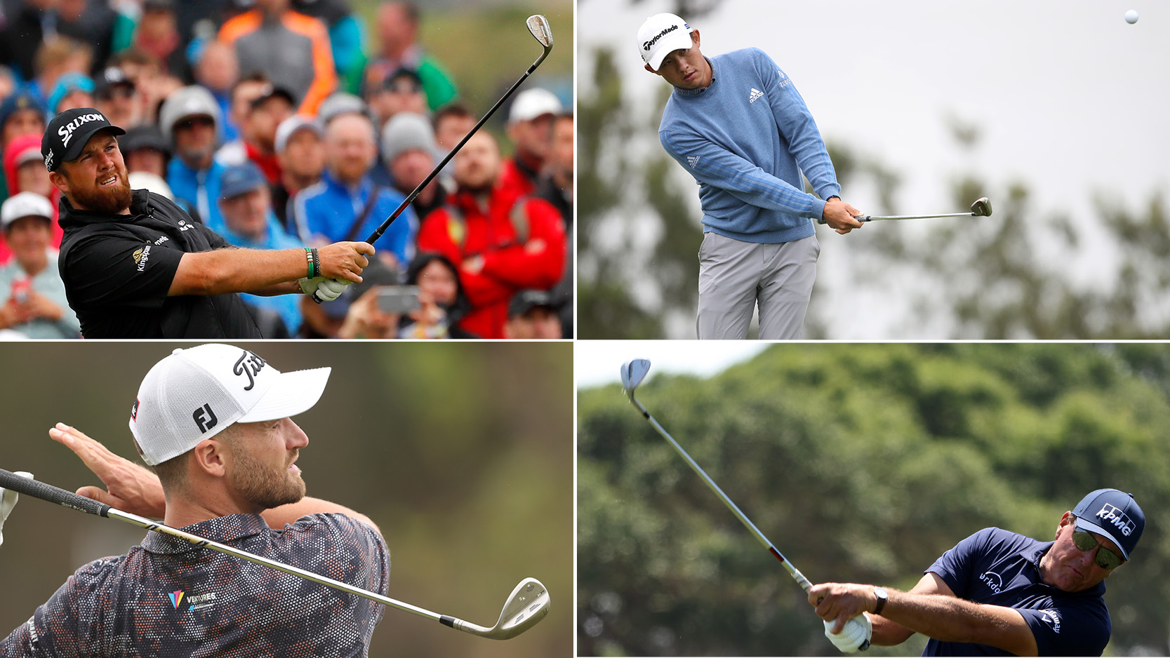 Four golfers hit wedge shots