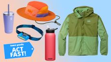 REI sale items on a colorful background including a green rain jacket, red thermos, blue headlamp and orange sun hat