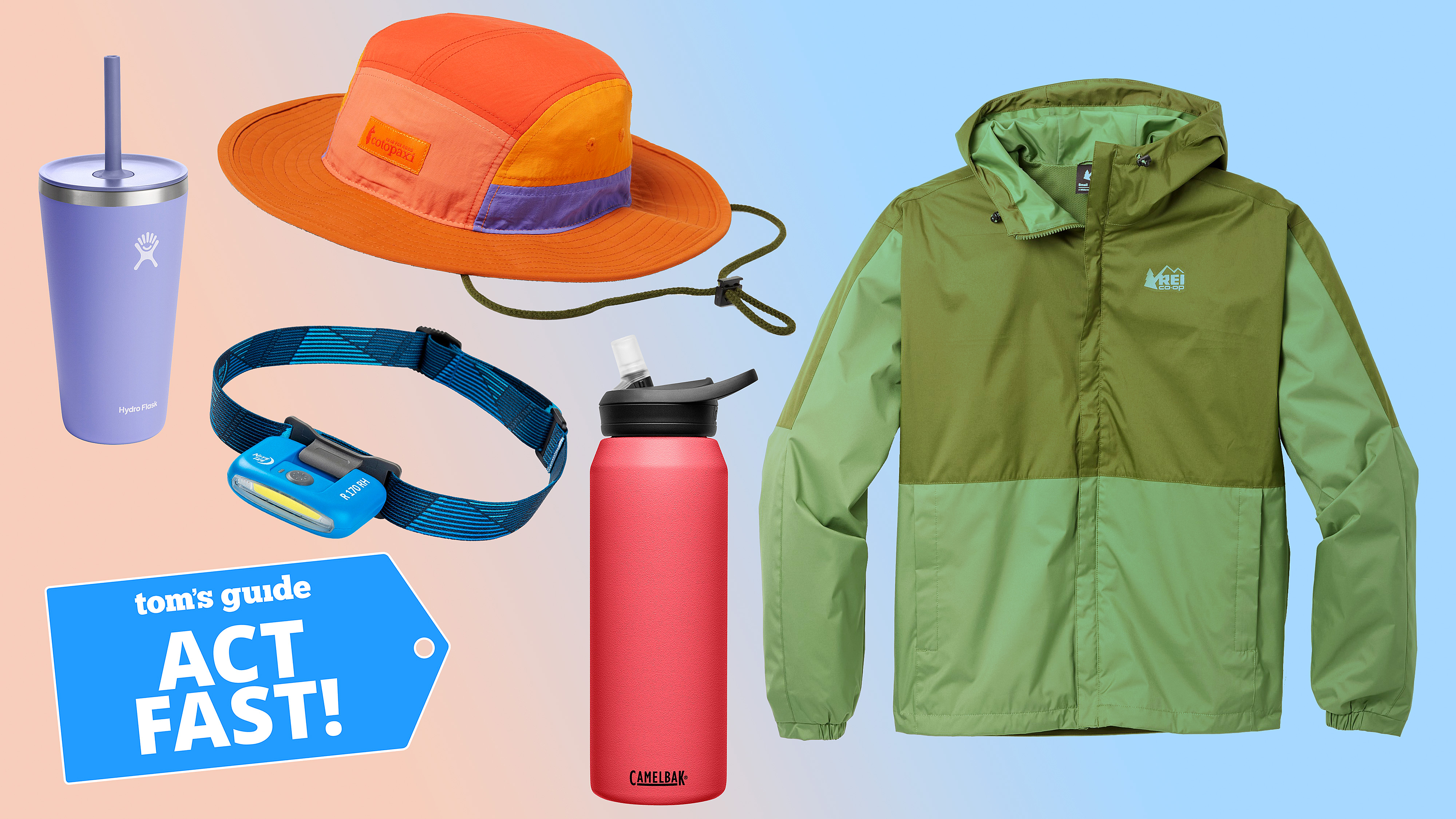 REI sale items on a colorful background including a green rain jacket, red thermos, blue headlamp and orange sun hat