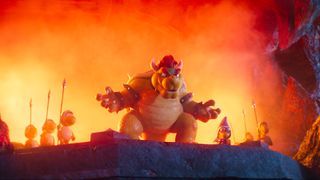 Bowser smiles as he sets his army on Mario in The Super Mario Bros. Movie