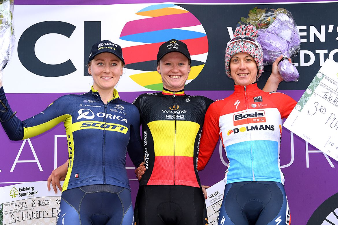 Stage 1 winner Jolien D'hoore flanked by Gracie Elvin and Christine Majerus at the Ladies Tour of Norway