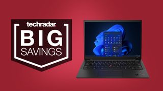 Lenovo ThinkPad X1 Carbon Gen 10 on a red background with a TechRadar badge reading 'BIG SAVINGS'.