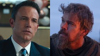 Christian Wolff (Ben Affleck) has a conversation in The Accountant 2, while Odysseus (Matt Damon) looks up in The Odyssey.