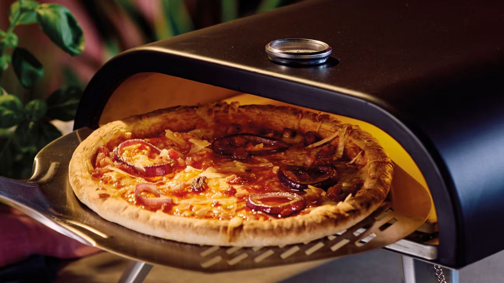Aldi Gas Pizza Oven with pizza inside