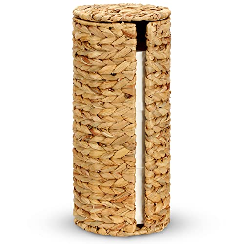 Graciadeco Stand Toilet Paper Storage With Lid Spare Extra 3 Rolls of Toilet Tissue Holder Free Standing Water Hyacinth Wciker Toilet Paper Organizer Basket for Bathroom
